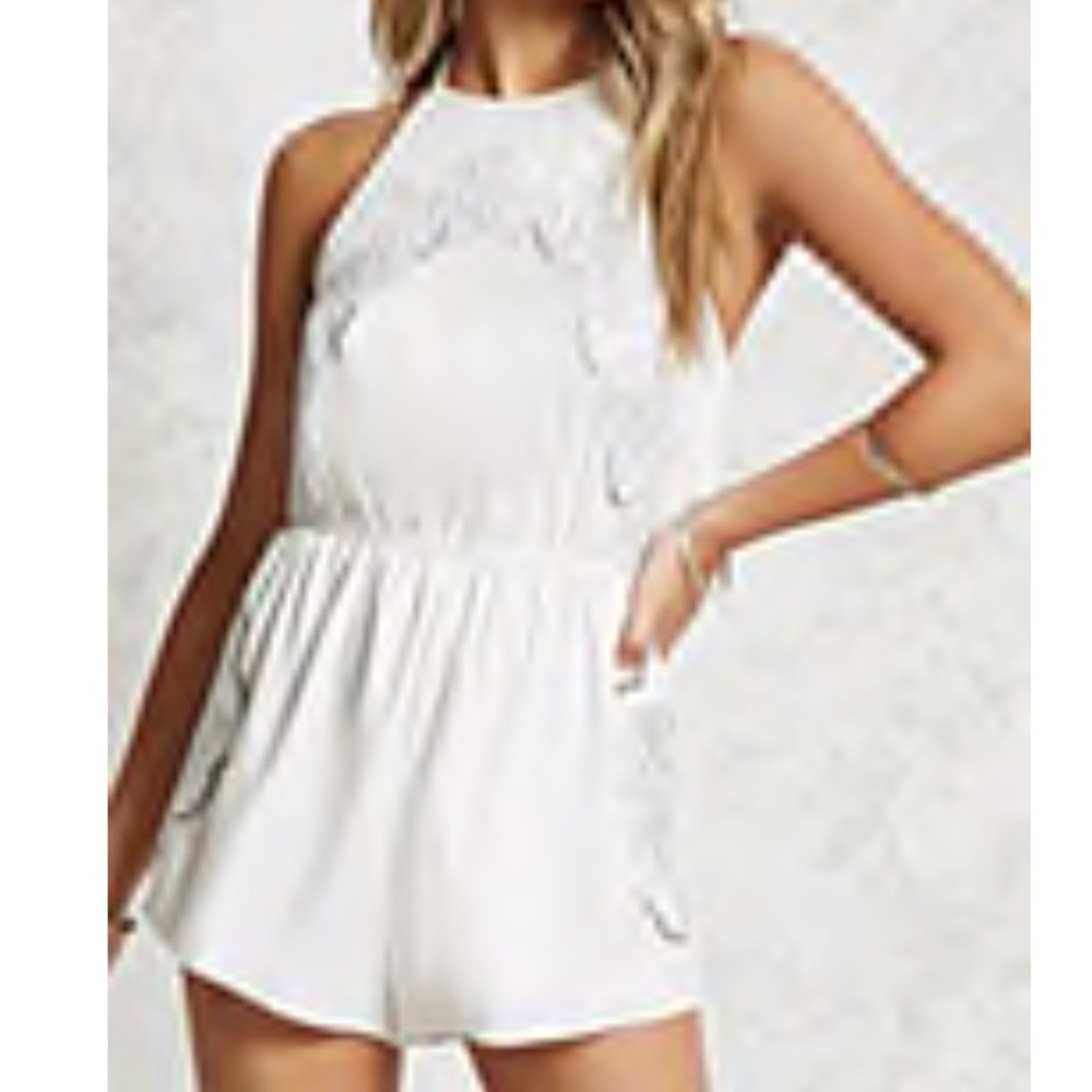 White Halter Neck Embroidered Romper